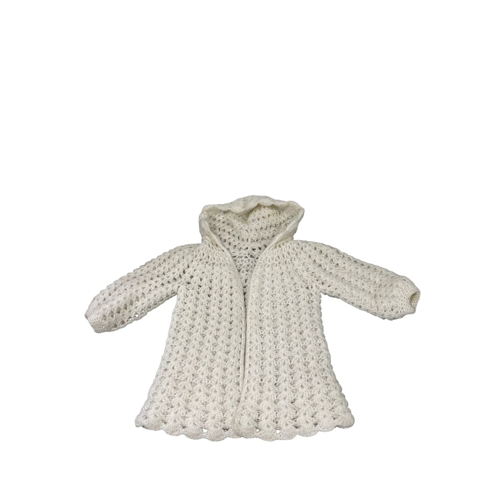 Handmade Knitted Kids Cardigan Hooded Crochet Sweater Cream White Pom-Pom 4/5?